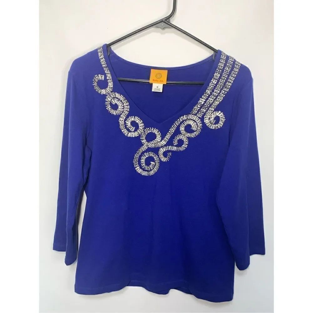 Ruby Rd. Women's Blue Embellished V-Neck Long Sleeve Top Medium